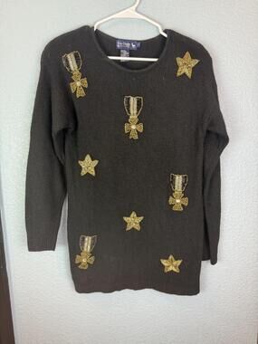 Le Chois Sweater Womens Small Beaded Star Medal Angora Silk Knit Pullover